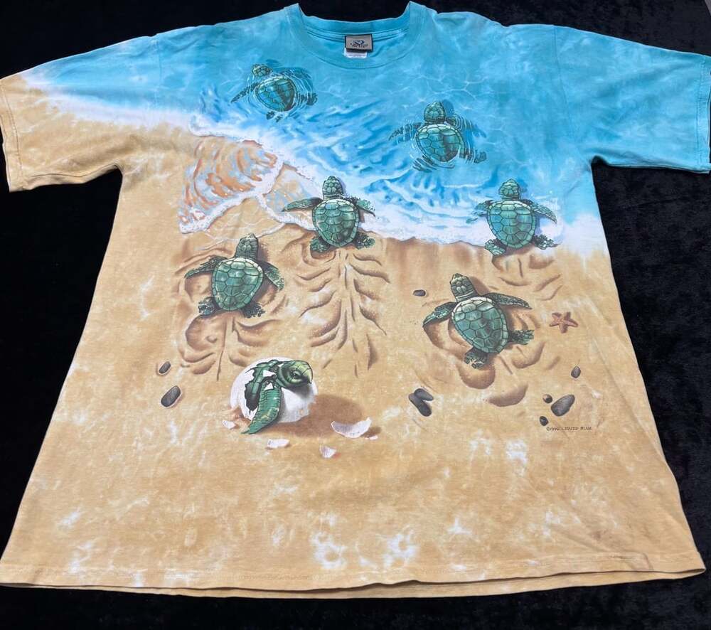 Men XL Vintage 1996 Liquid Blue Baby Turtle Beach Tie-Dye T-Shirt